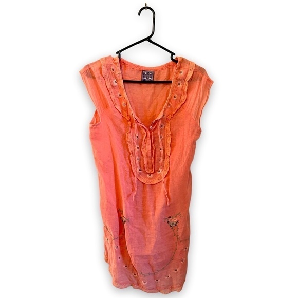 Free People Coral Orange Flower Embroidered Linen Tunic Mini Dress | Size Medium - Picture 1 of 5